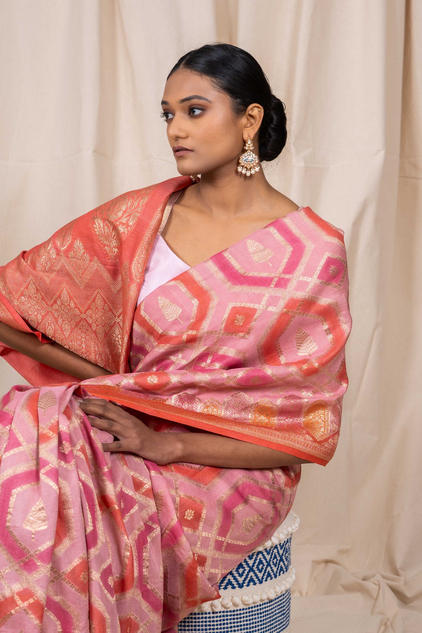 Pink Tussar georgette Banarasee Handwoven Saree