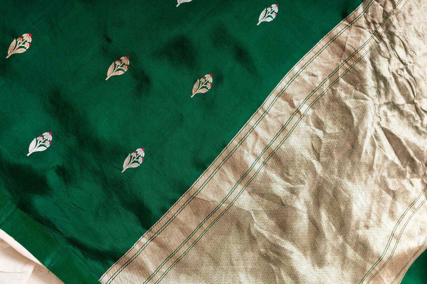 Bottle Green Soft Silk Handwoven Banaras Saree
