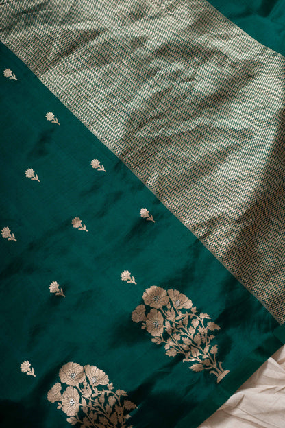 Bottle Green Soft Silk Handwoven Banarasi Saree