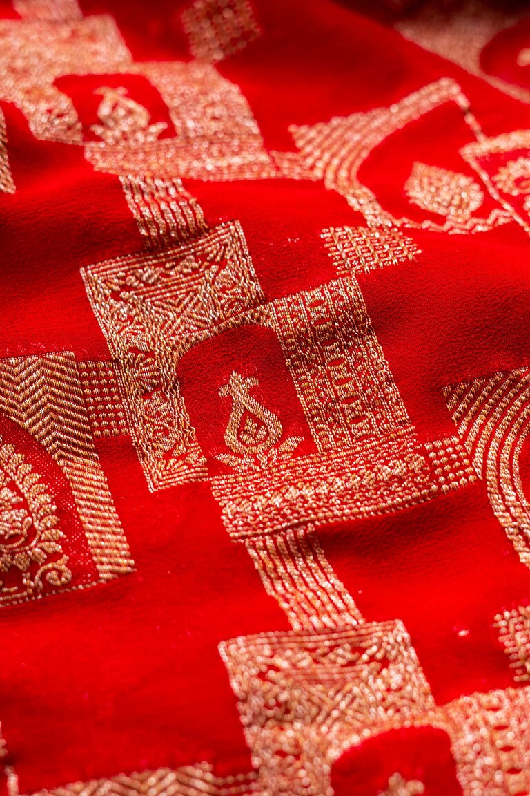 Red Khaddi Georgette Handwoven Banaras Saree