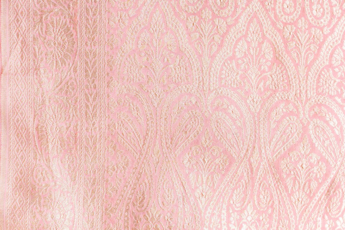 Pastel Baby Pink Crepe Silk Handwoven Banarasee Saree