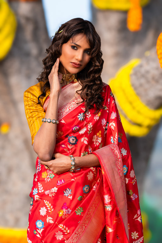 Red Katan Silk Banarasee Handwoven Saree