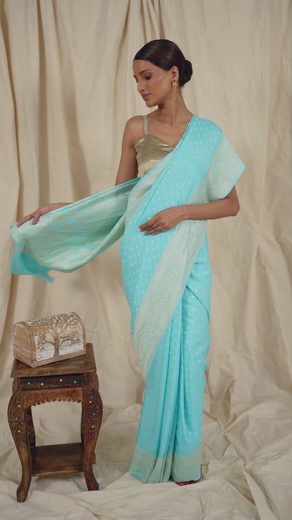 Sky Blue Crepe Silk Banarasee Saree