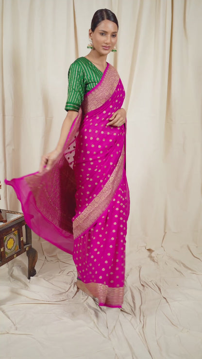 Rani Pink Khaddi Georgette Handwoven Banarasee Saree