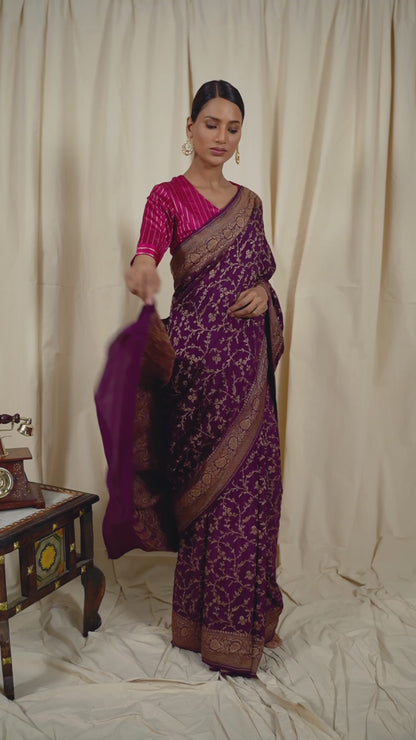 Wine Banarasee Handwoven Saree