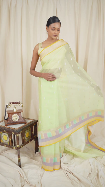 Lime Green Organza Handwoven Banaras Saree