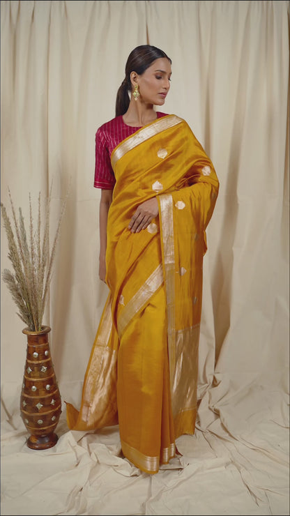Mustard Soft Silk Banaras Handwoven Banaras Saree