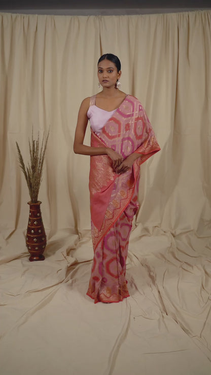 Pink Tussar georgette Banarasee Handwoven Saree