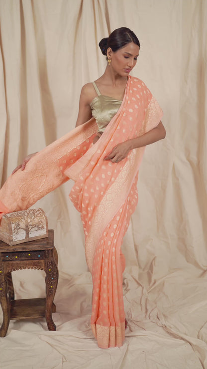 Peach Khaddi Georgette Handwoven Banarasee Saree
