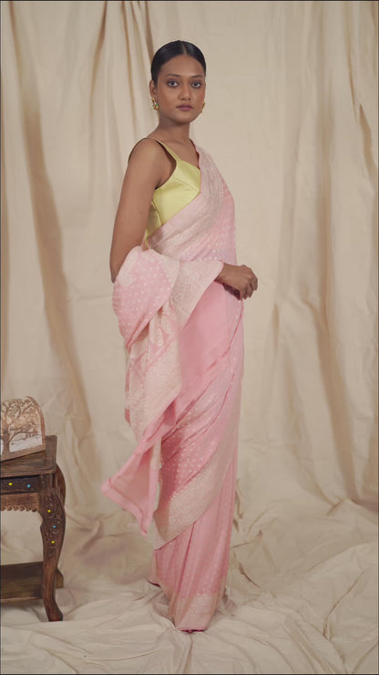 Pastel Baby Pink Crepe Silk Handwoven Banarasee Saree