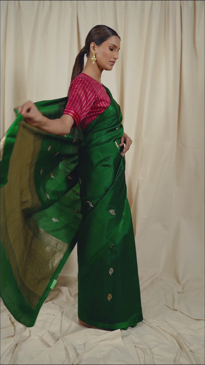 Bottle Green Soft Silk Handwoven Banaras Saree