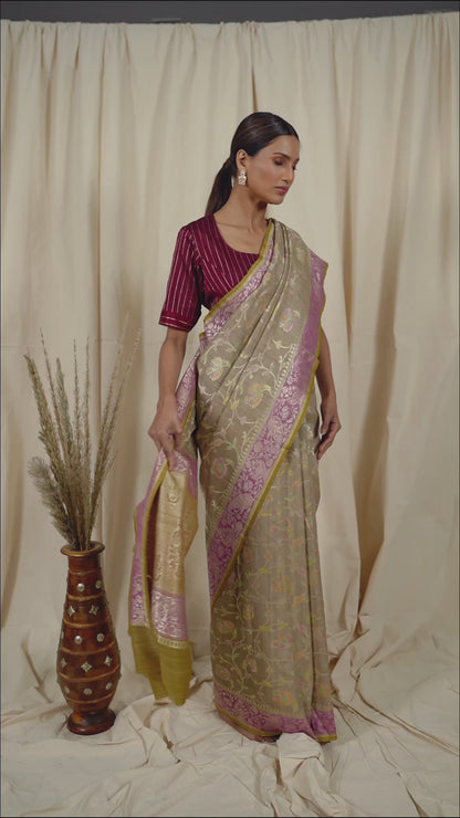 Grey Tussar Georgette Handwoven Banaras Saree