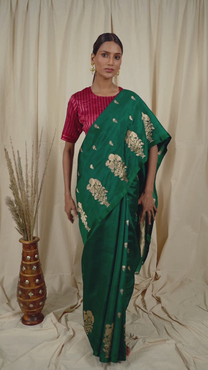 Bottle Green Soft Silk Handwoven Banarasi Saree