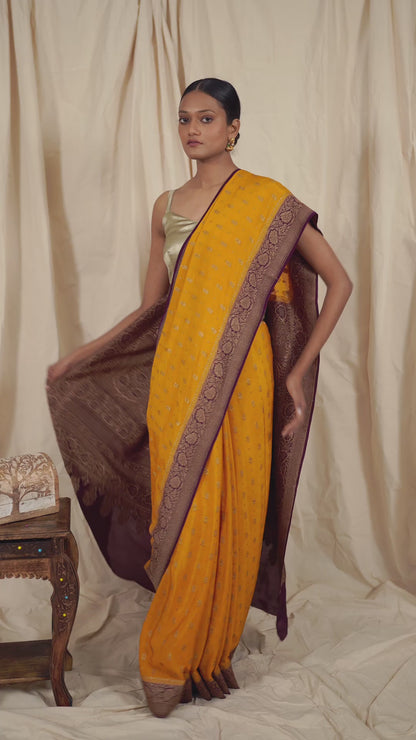 Mustard Gold Crepe Silk Banarasee Saree