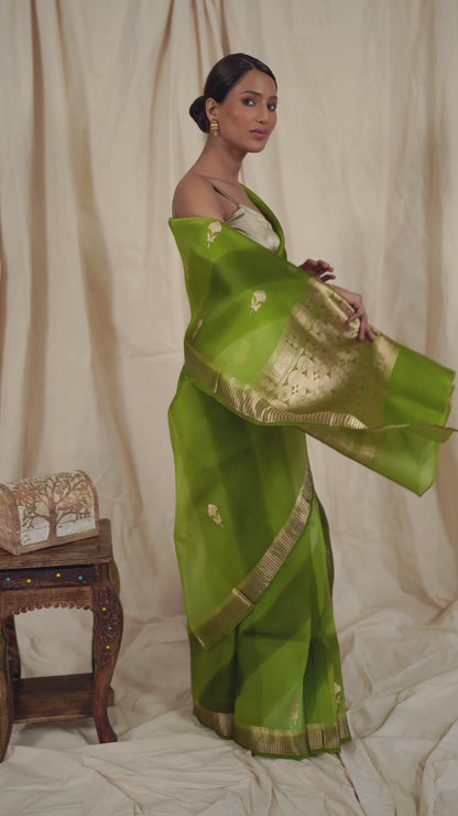 Pista Green Organza Handwoven Banaras Saree