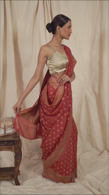 Peach Brown Khaddi Georgette Handwoven Banaras Saree