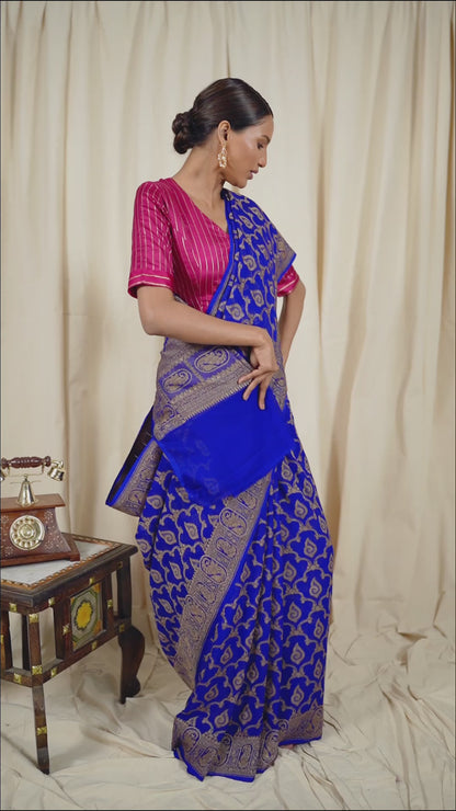 Royal Blue Khaddi Georgette Handwoven Banaras Saree