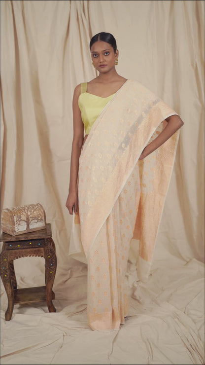 White Khaddi Georgette Handwoven Banaras Saree
