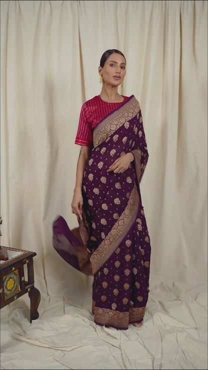 Wine Khaddi Georgette Handwoven Banaras Saree