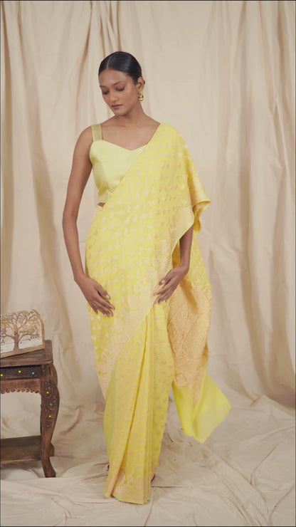 Handwoven pastel Yellow Khaddi Georgette Banarasi Saree
