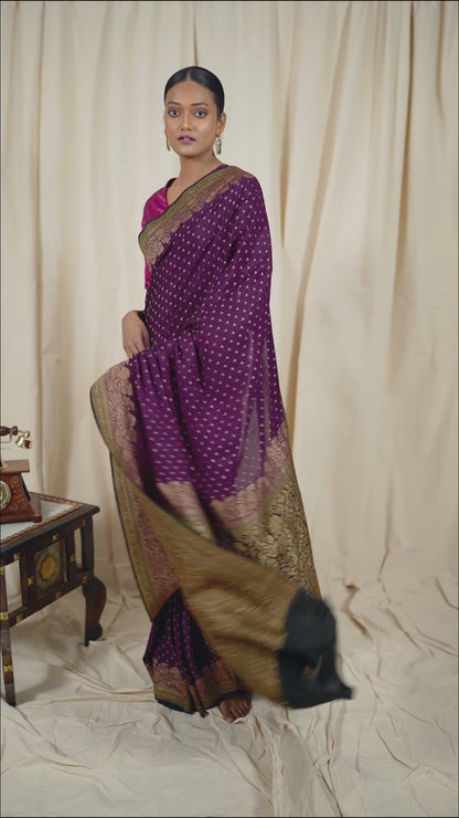 Wine Crepe Silk Handwoven Banarasee Saree