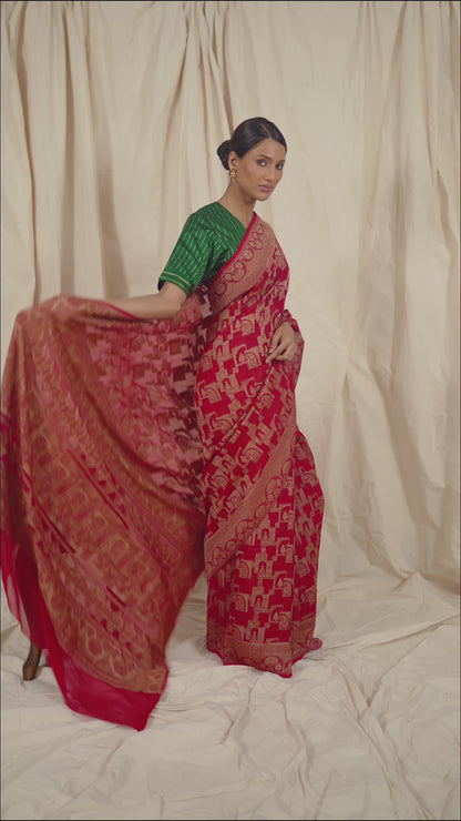 Red Khaddi Georgette Handwoven Banaras Saree
