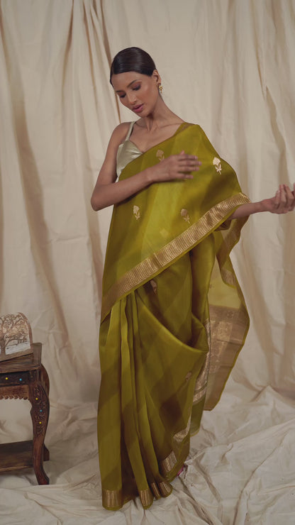Mehendi Green Organza Handwoven Banaras Saree
