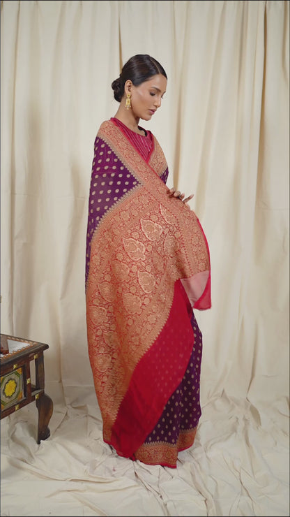 Wine Khaddi Georgette Handwoven Banaras Saree