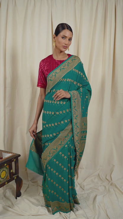 Rama Green Khaddi Georgette Handwoven Banarasee Saree