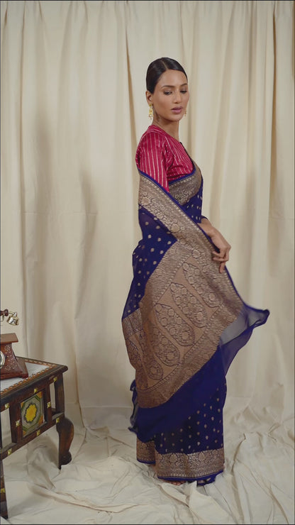 Navy Blue Khaddi Georgette Handwoven Banaras Saree