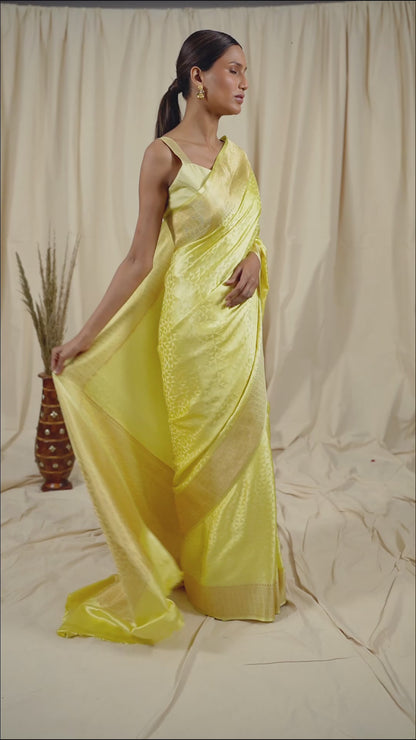 Lemon Yellow Mashru Satin Handwoven Banarasee Saree