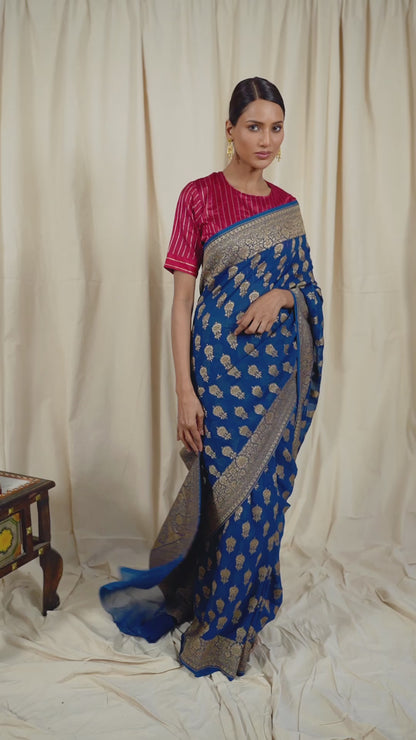 Royal Blue Khaddi Georgette Handwoven Banaras Saree