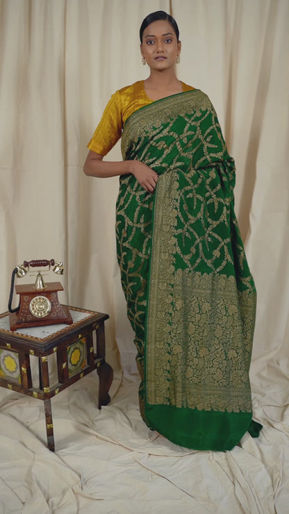 Bottle Green Banarasee Handwoven Saree