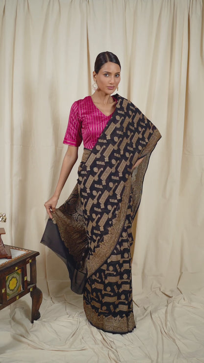 Black Khaddi Georgette Habdwoven Banarasee Saree