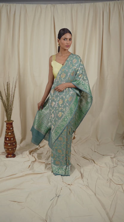 Bluish Grey Tussar Georgette Banarasi Handwoven Saree