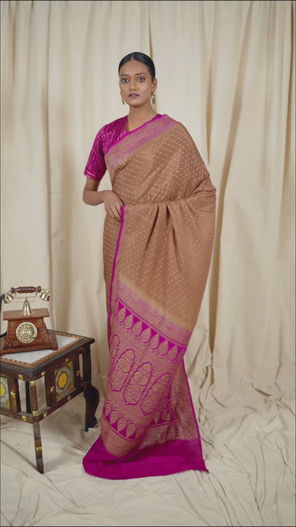 Dusky Chiku Crepe Silk Handwoven Banarasee Saree