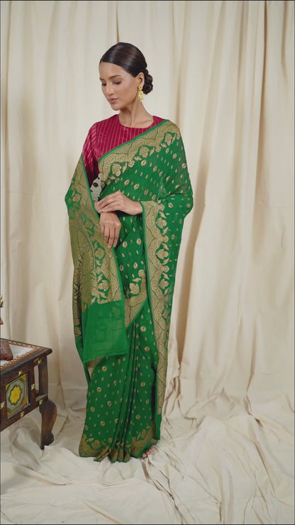 Bottle Green Khaddi Georgette Handwoven Banaras Saree
