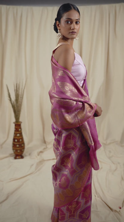 Mauve Tussar georgette Banarasee Handwoven Saree