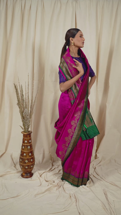 Rani Pink Raw Silk Banarasee Handwoven Saree