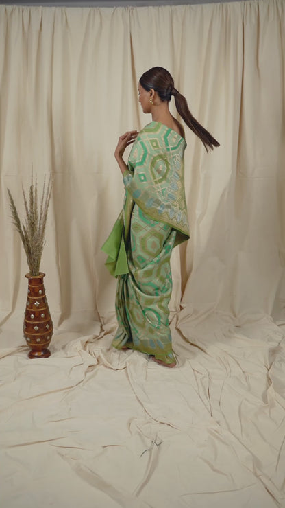 Pista Green Tussar Georgette Banarasee Handwoven Saree