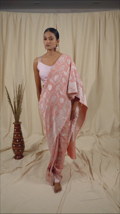 Baby Pink Tussar Georgette Handwoven Banaras Saree