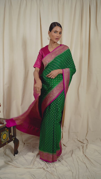 Bottle Green Banarasee Handwoven Saree