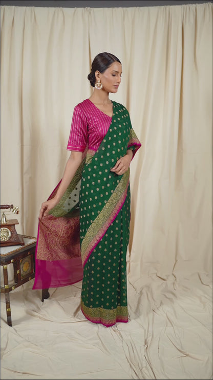 Bottle Green Khaddi Georgette Handwoven Banaras Saree